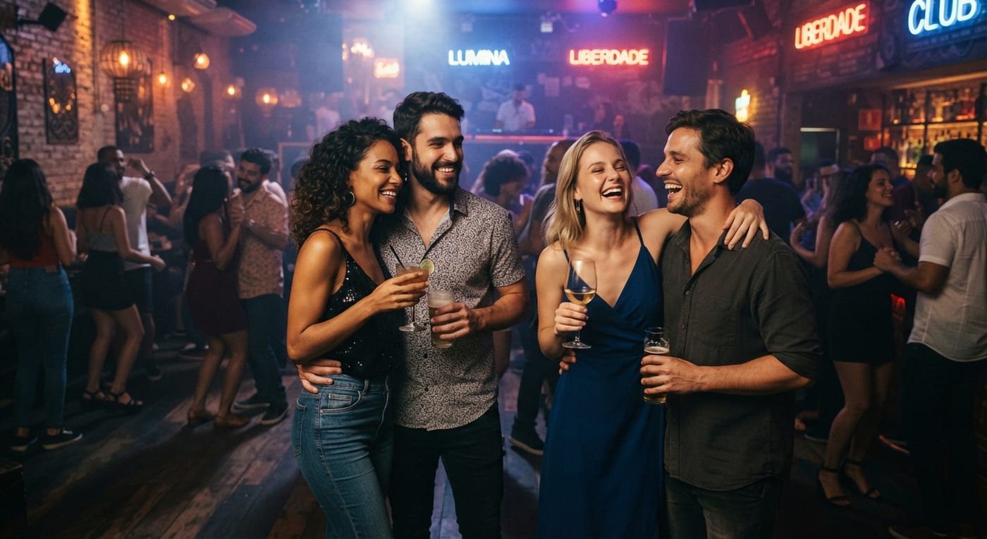 Casais conversando e rindo no salão de uma casa de swing no Rio de Janeiro, com luzes de neon ao fundo